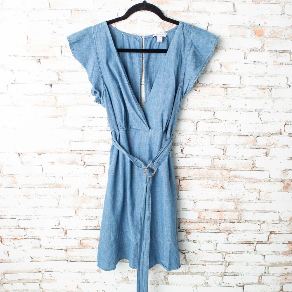 Topshop Chambray Wrap Dress US 4 Blue Cotton Belted Flutter Sleeve Midi